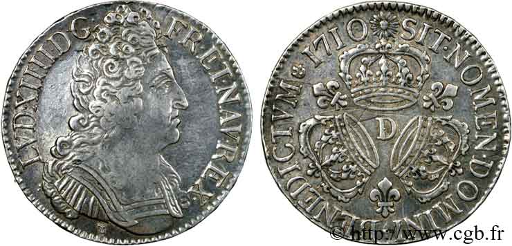 LOUIS XIV  THE SUN KING  Écu aux trois couronnes 1710 Lyon BB