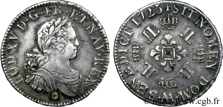 LOUIS XV THE BELOVED Demi-écu dit  aux huit L , avec tranche fautée 1725 Metz XF