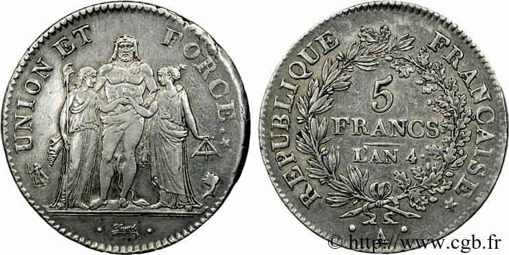 5 francs Union et Force, Union serré, avec glands intérieurs et gland extérieur 1796 Paris F.288/1 TTB 