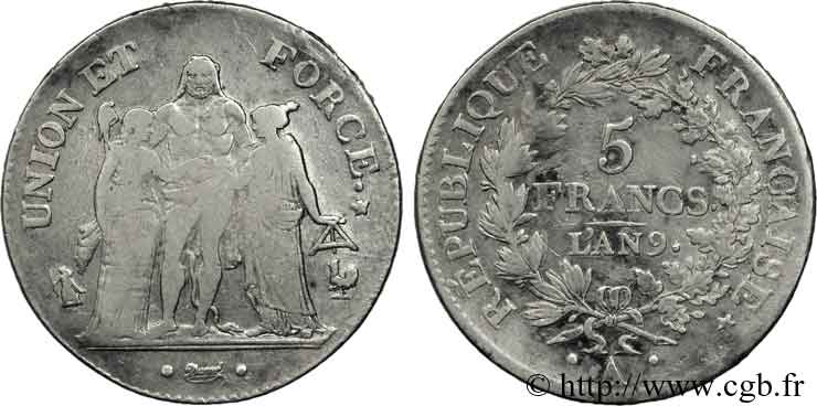 5 francs Union et Force, Union serré, avec glands intérieurs et gland extérieur 1801 Paris F.288/155 TB 
