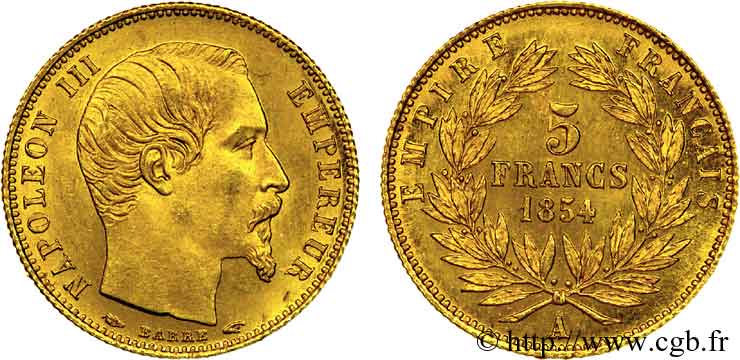 5 francs or Napoléon III tête nue, petit module 1854 Paris F.500A/1 AU