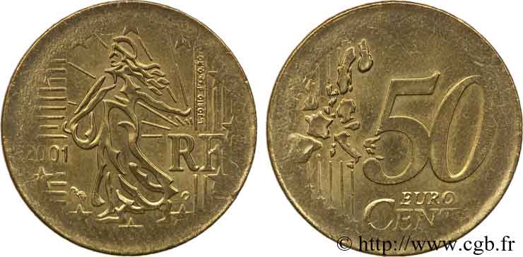 EUROPEAN CENTRAL BANK 50 centimes d’euro, frappe par erreur sur flan de 20 centimes Marianne 2001 AU