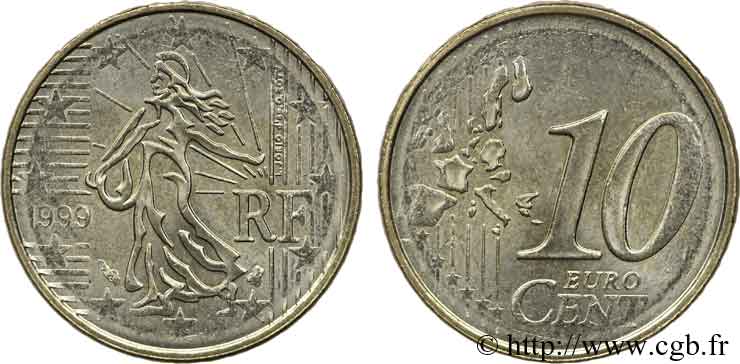 EUROPEAN CENTRAL BANK 10 centimes d’euro, frappe sur flan blanc 1999 AU