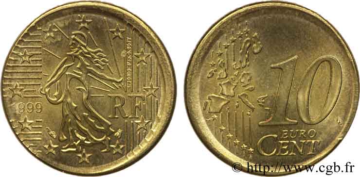 EUROPÄISCHE ZENTRALBANK 10 centimes d’euro, frappe fautée avec tranche lisse 1999