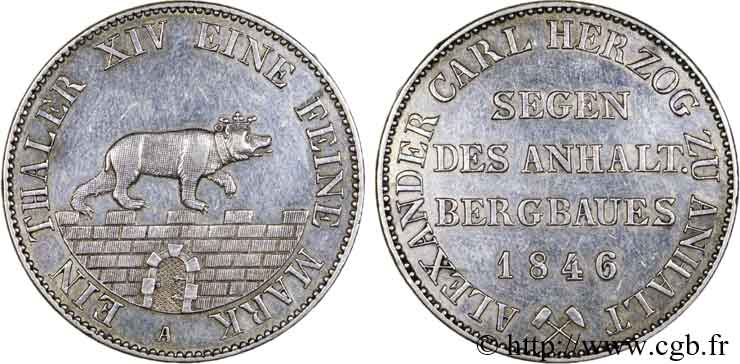 ALLEMAGNE - DUCHÉ D ANHALT-BERNBURG - ALEXANDRE CHARLES Thaler des mines 1846 Berlin TTB 