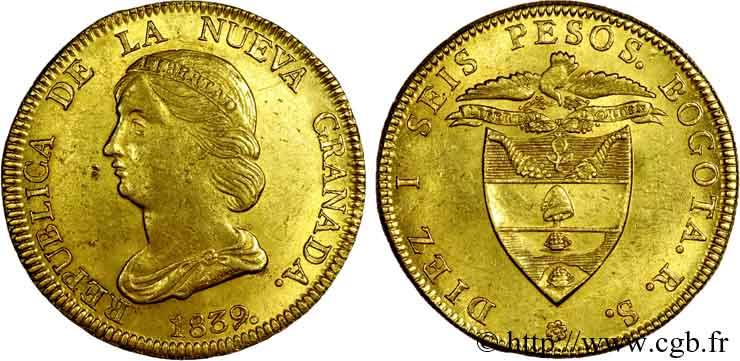 COLOMBIE - RÉPUBLIQUE DE NOUVELLE GRENADE 16 pesos en or 1839 Bogota TTB 