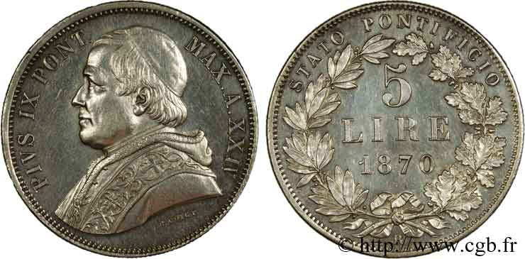 ITALY - PAPAL STATES - PIUS IX (Giovanni Maria Mastai Ferretti) 5 lires 1870 Rome XF 
