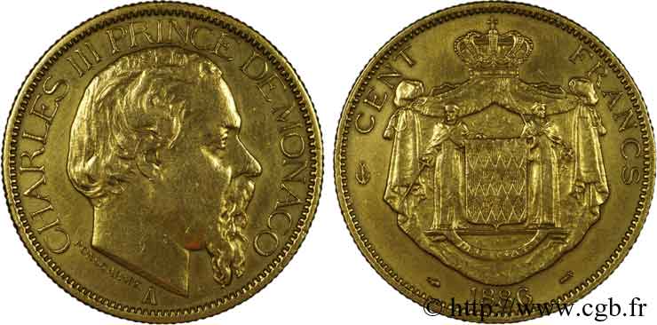 MONACO - PRINCIPALITY OF MONACO - CHARLES III 100 francs or 1886 Paris XF 