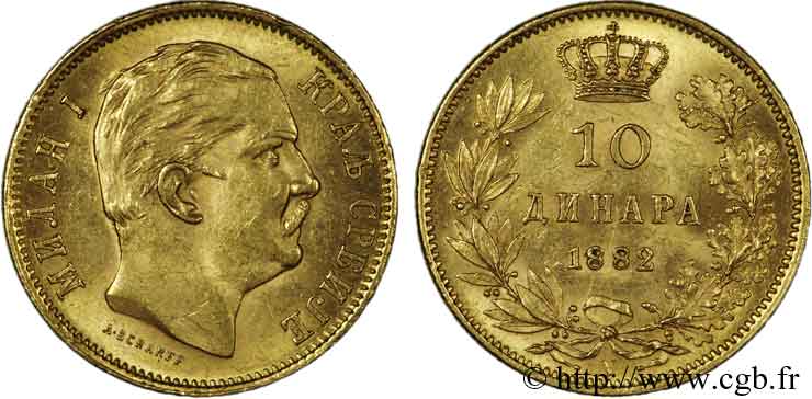 ROYAUME DE SERBIE - MILAN IV OBRÉNOVITCH 10 dinara or 1882 Vienne SUP 
