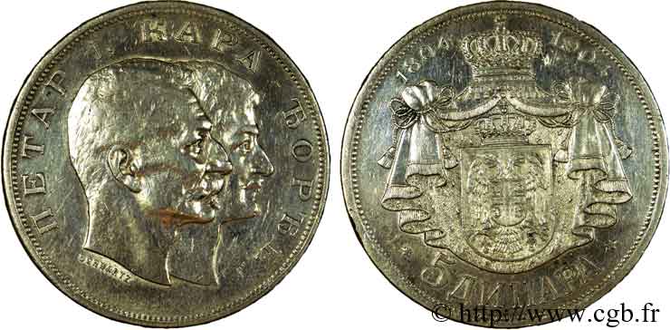 SERBIE (ROYAUME DE...) - PIERRE I 5 dinara, centenaire du soulèvement serbe de 1804 1904  TTB 