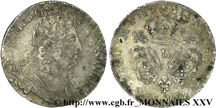 LOUIS XIV  THE SUN KING  Quart d écu aux trois couronnes 1715 Bayonne BC+/MBC