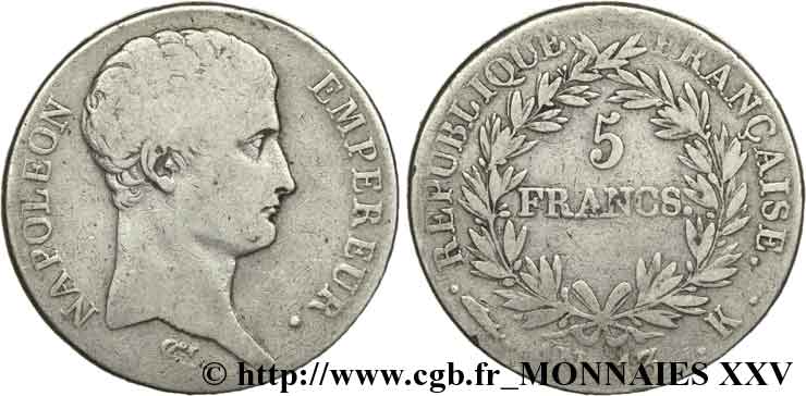 5 francs Napoléon empereur, calendrier révolutionnaire 1805 Bordeaux F.303/11 TB 