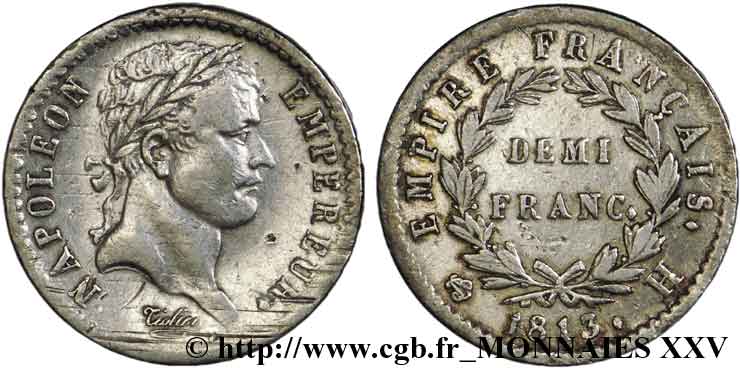Demi-franc Napoléon Ier tête laurée, Empire français 1813 La Rochelle F.178/53 XF 