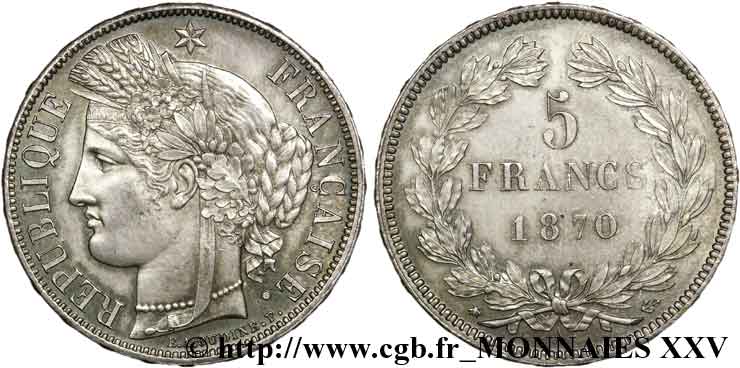 5 francs Cérès sans légende 1870  Paris F.332/1 MS 