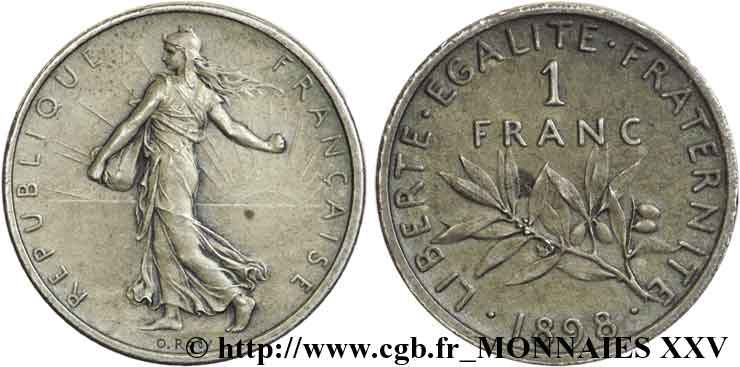Piéfort 1 franc Semeuse, flan mat, vieil argent 1898 Paris F.217/2P VZ 