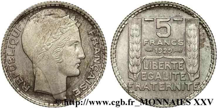 Concours de 5 francs, essai de Turin en argent 1929 Paris VG.5243 var. SUP 