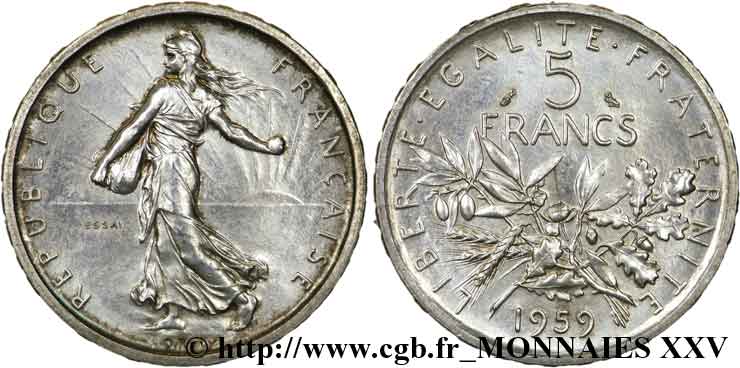 Essai de 5 francs Semeuse, argent, petit 5 1959 Paris F.340/2 MS 