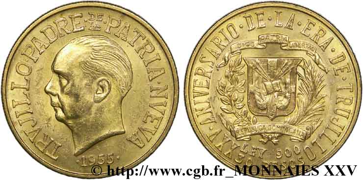 RÉPUBLIQUE DOMINICAINE 30 pesos or, 25e anniversaire du régime 1955  SUP 