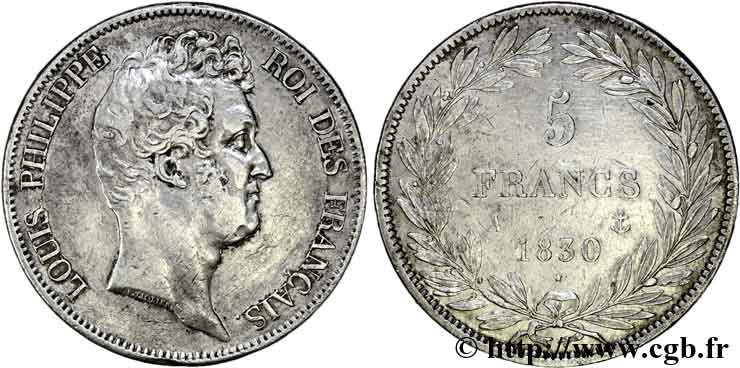 5 francs type Tiolier sans le I, tranche en creux 1830  Paris F.313/1 BB 
