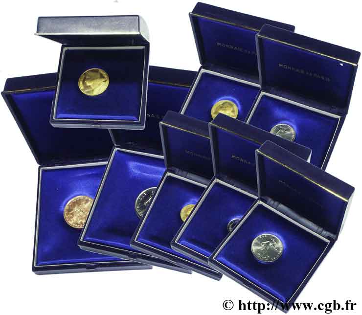 Lot de huit piéforts en métal commun : 10 francs Mathieu, 1/2-1-5 francs Semeuse, 5-10-20 centimes Marianne, 1 centime Épi 1974 Paris VZ