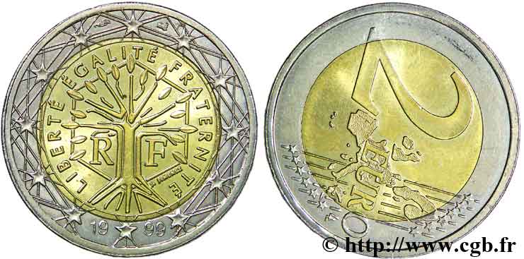 BANCO CENTRAL EUROPEO 2 euro France, axe décalé 1999 EBC