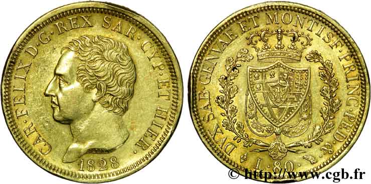 ITALIE - ROYAUME DE SARDAIGNE - CHARLES-FÉLIX 80 lires or 1828 Turin SUP 
