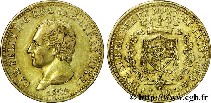 ITALIE - ROYAUME DE SARDAIGNE - CHARLES-FÉLIX 40 lires en or 1825 Turin TTB 
