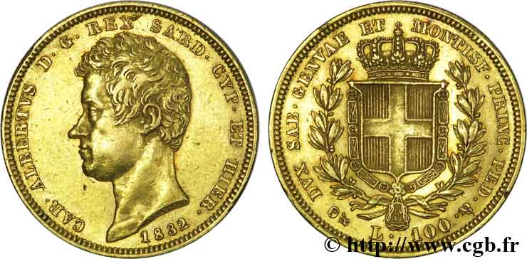 ITALIE - ROYAUME DE SARDAIGNE - CHARLES-ALBERT 100 lires or 1832 Gênes TTB 