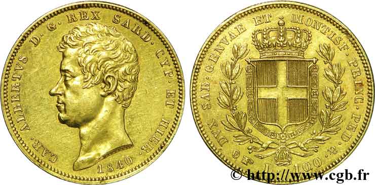 ITALIE - ROYAUME DE SARDAIGNE - CHARLES-ALBERT 100 lires or 1840 Turin TTB 