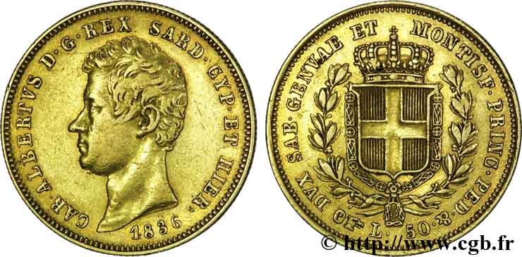 ITALIE - ROYAUME DE SARDAIGNE - CHARLES-ALBERT 50 lires or 1836 Turin TTB 