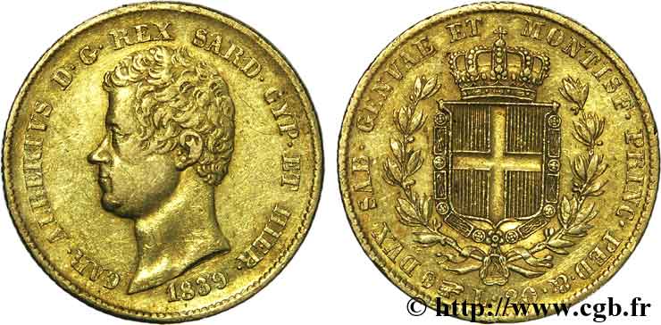 ITALIE - ROYAUME DE SARDAIGNE - CHARLES-ALBERT 20 lires or 1839 Turin TTB 