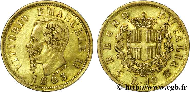 ITALIE - ROYAUME D ITALIE - VICTOR-EMMANUEL II 10 lires or 1863 Turin TTB 