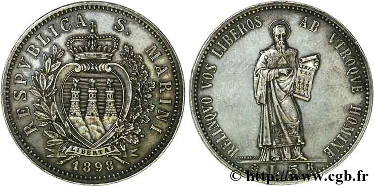 RÉPUBLIQUE DE SAINT- MARIN 5 lires 1898 Rome SUP 