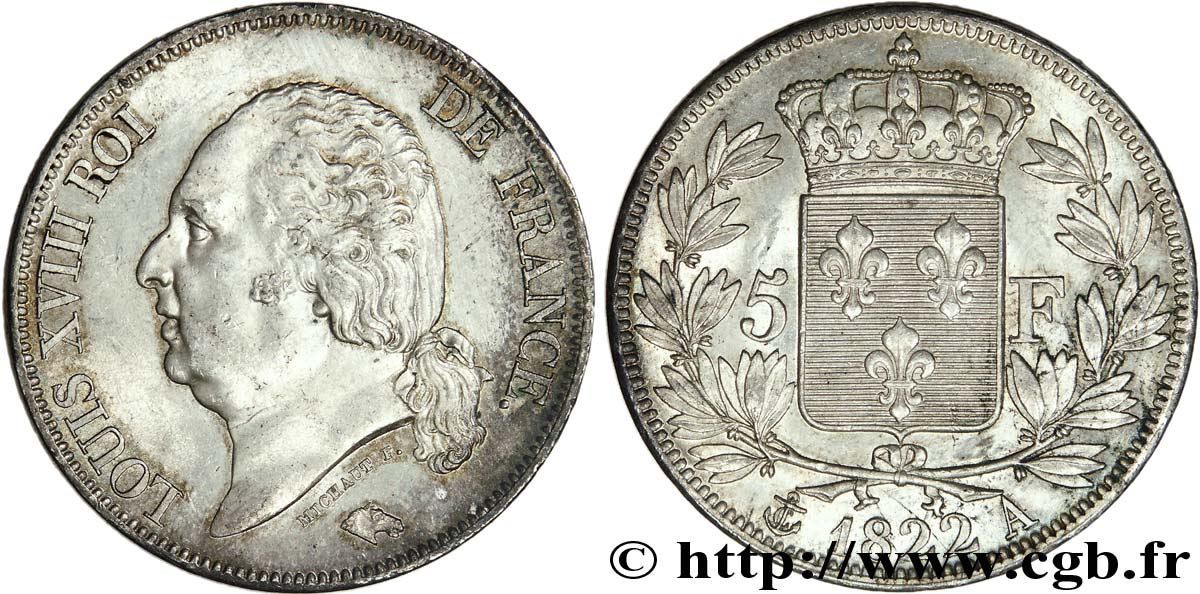 5 francs Louis XVIII, tête nue 1822  Paris F.309/68 SUP 