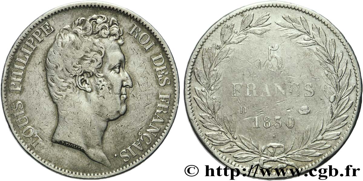 5 francs type Tiolier sans le I, tranche en creux 1830  Lyon F.313/3 VF 