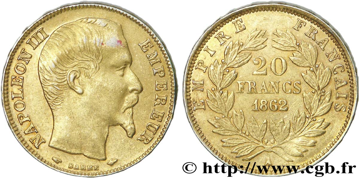 Faux de 20 francs or Napoléon III, tête nue en platine 1862 Paris F.531/1 var. BB