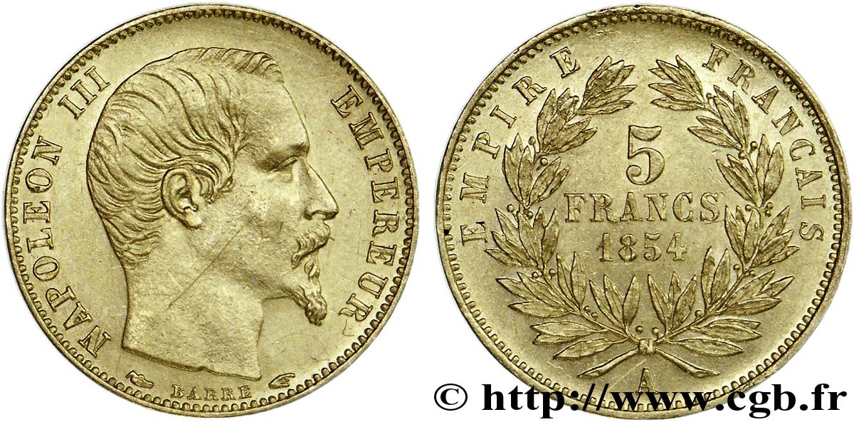 5 francs or Napoléon III tête nue, petit module, tranche lisse 1854 Paris F.500/1 XF 
