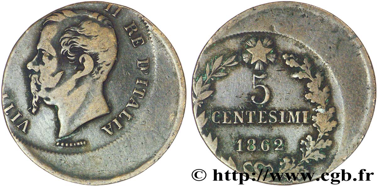 ITALIE - VICTOR EMMANUEL II 5 centesimi, frappe casquette 1862  TB 
