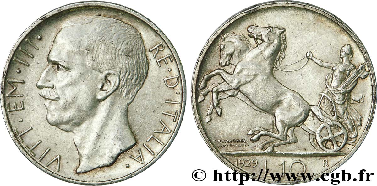ITALIE - VICTOR EMMANUEL III 10 lires char antique 1929 Rome TTB 