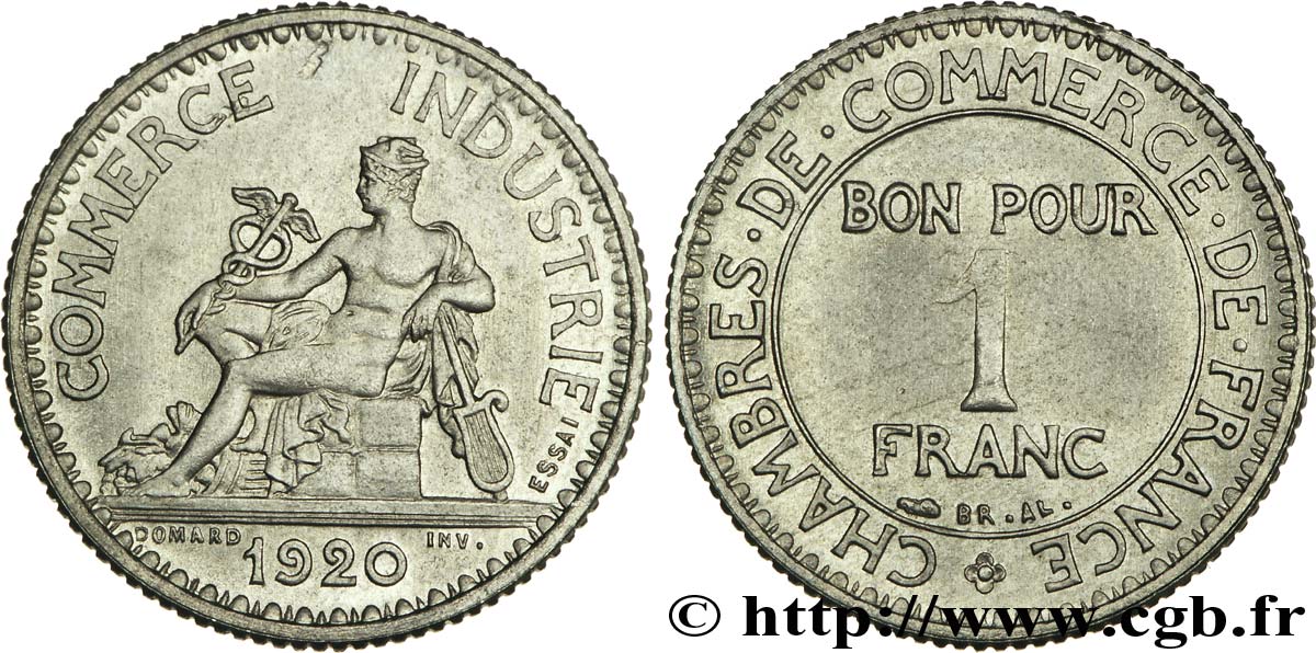 Essai de 1 franc Chambres de commerce en maillechort 1920 Paris Maz.2583 e MS