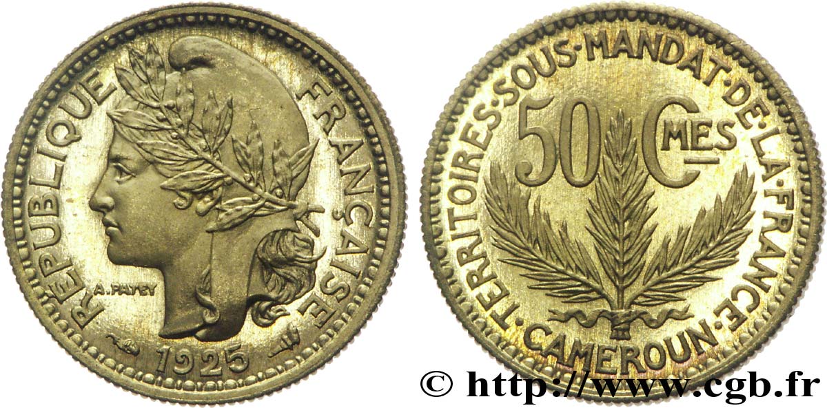CAMERUN - Mandato Francese 50 centimes, pré-série de Morlon poids lourd, 2,5 grammes 1925 Paris FDC 