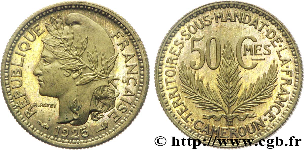 CAMEROUN - TERRITOIRES SOUS MANDAT FRANÇAIS 50 centimes, pré-série de Morlon poids lourd, 2,5 grammes 1925 Paris FDC 