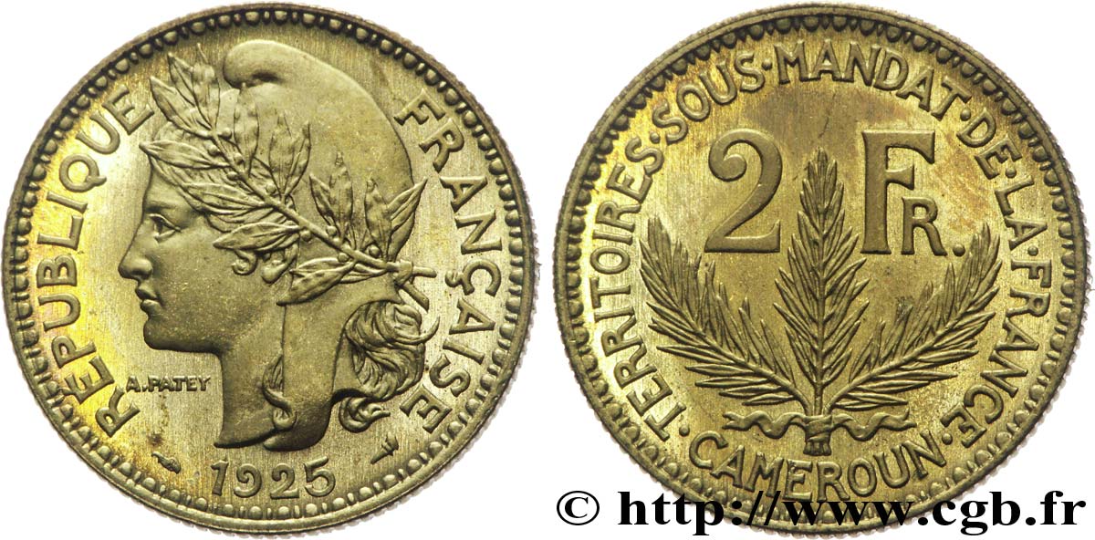 CAMEROON - TERRITORIES UNDER FRENCH MANDATE 2 Francs, pré-série de Morlon poids lourd, 10 grammes 1925 Paris MS 