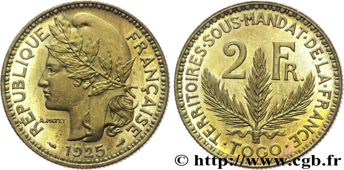 TOGO - TERRITOIRES SOUS MANDAT FRANÇAIS 2 francs, pré-série de Morlon poids lourd, 10 grammes 1925 Paris FDC 