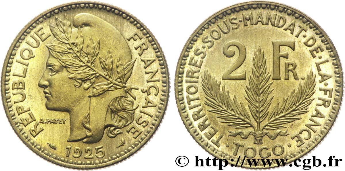 TOGO - TERRITOIRES SOUS MANDAT FRANÇAIS 2 francs, pré-série de Morlon poids lourd, 10 grammes 1925 Paris SPL 