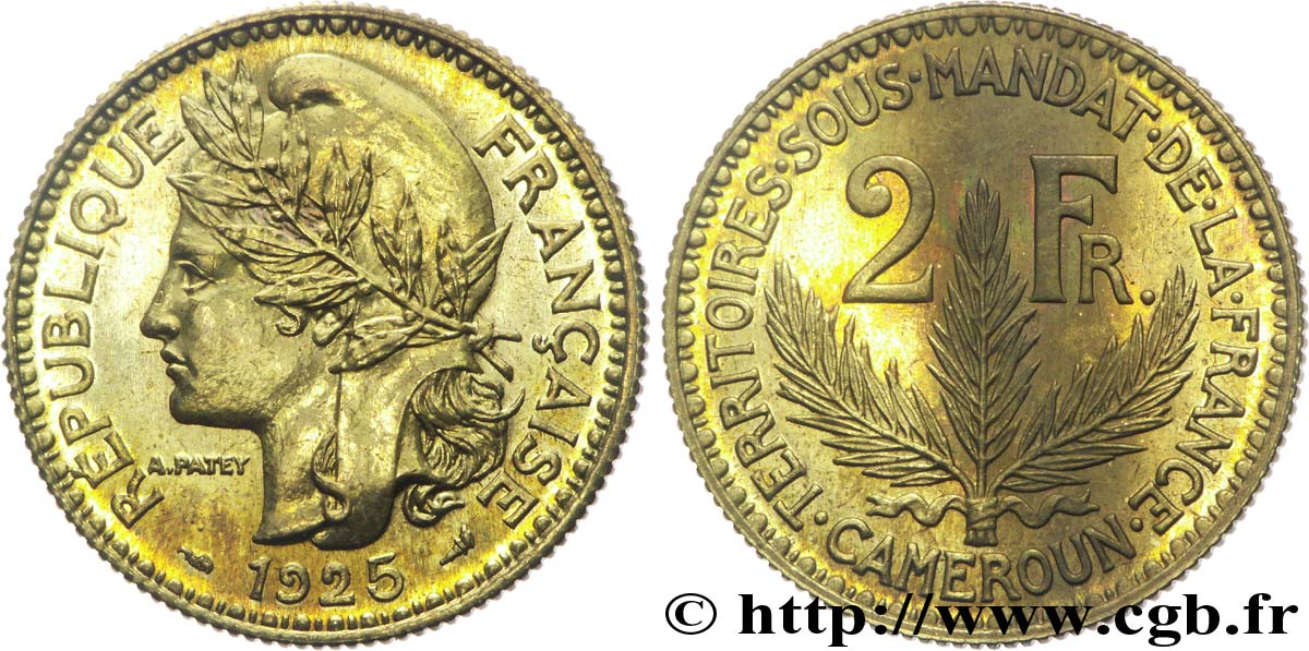 CAMEROUN - TERRITOIRES SOUS MANDAT FRANÇAIS 2 Francs, poids léger - Essai de frappe de 2 Francs Morlon - 8 grammes 1925 Paris SPL 
