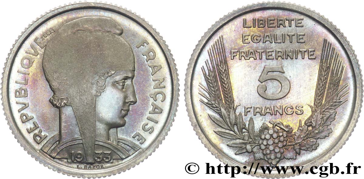 Concours de 5 francs, essai de Bazor en cupro-nickel non magnétique, poids standard 1933 Paris F.335/1 var. SPL 