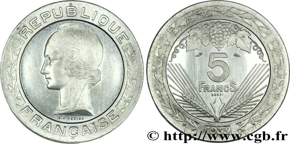 Concours de 5 francs, essai de Vézien en aluminium, très lourd, flan épais, 5 g 1933 Paris VG.5362 B fST 