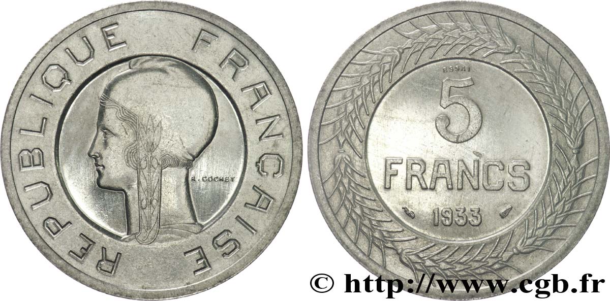 Concours de 5 francs, essai de Cochet en nickel 1933 Paris VG.5354  AU 