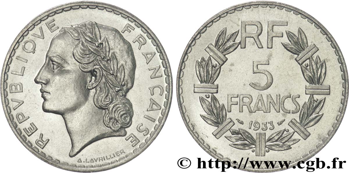 Essai de 5 francs Lavrillier, en nickel 1933 Paris F.336/1 MS 
